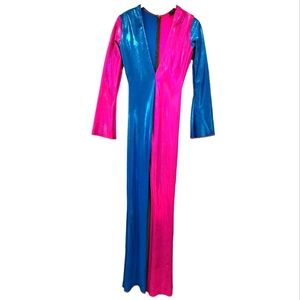 Super hot pink Metallic blue v neck fitted Jumpsuit.M8 costom made.